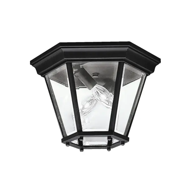 The Madison flush mount delivers traditional colonial elegance with modern durability. Cast aluminum construction and clear beveled glass create a sophisticated look that withstands outdoor elements while providing warm ambient lighting.
