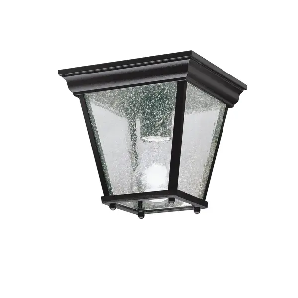 This compact flush mount brings timeless colonial charm to porches and covered entryways. The clear seeded glass and black aluminum construction offer durability and classic appeal at an accessible price point.