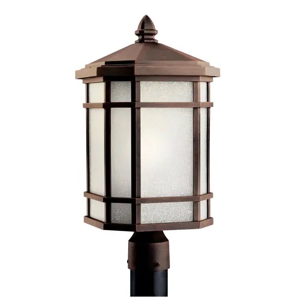 The Cameron Outdoor Post Light combines traditional design with durable wet-rated construction. Its Prairie Rock finish and satin etched glass create warm, welcoming illumination for entryways and pathways.