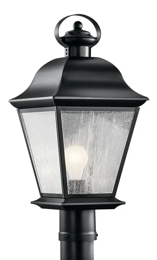 The Mount Vernon post light delivers traditional outdoor charm with its black aluminum construction and clear seeded glass. At 20.75" tall, it provides substantial presence while the wet-rated design ensures reliable performance in all weather conditions.