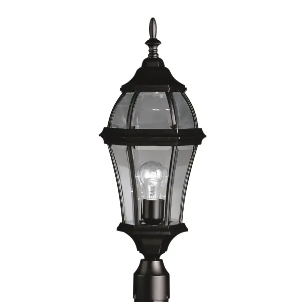 The Townhouse post light delivers traditional elegance with its intricate cast aluminum construction and clear beveled glass panels. Wet-rated for durability and designed to complement classic architecture.