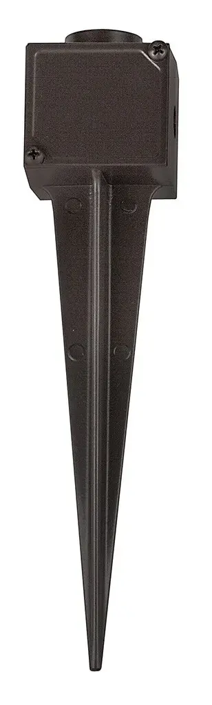 Professional-grade aluminum ground spike with integrated junction box provides secure mounting for landscape fixtures. Bronze finish resists corrosion in outdoor environments.