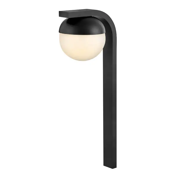 The Realm Path Light combines contemporary design with practical outdoor illumination. Its suspended cased opal glass globe creates ambient lighting while the durable aluminum construction ensures longevity in wet-rated conditions.