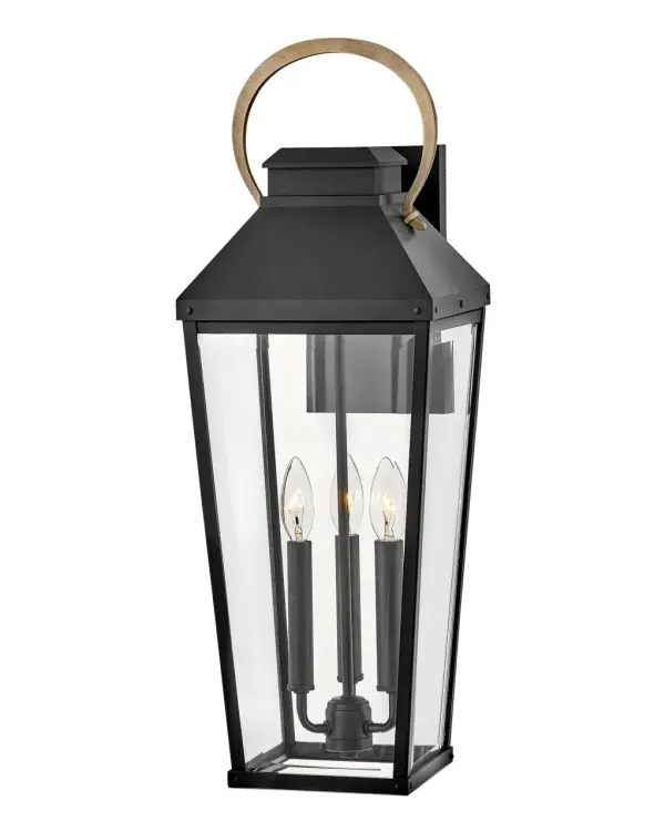 The Dawson LED Wall Mount combines clean lines with traditional lantern styling, featuring durable aluminum construction and clear beveled glass. The contrasting Burnished Bronze handle adds visual interest to the Black finish.