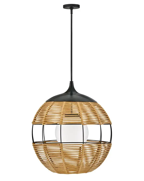 Maddox boasts an edgy, bohemian aesthetic with an open-weave design and geometric shape. This orb pendant features weather-resistant nylon rope in Black or Natural with an etched opal globe nestled inside. Maddox casts the perfect outdoor ambient light to accentuate modern outdoor living spaces. - alternate view