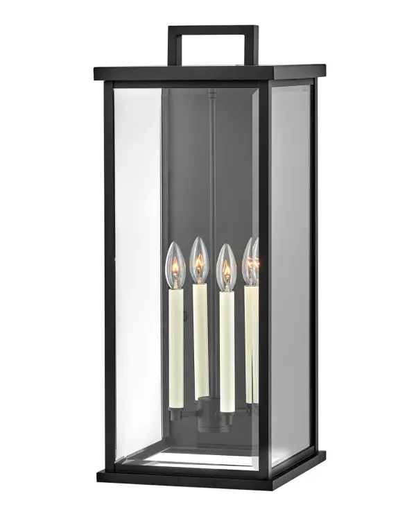 The Weymouth LED wall sconce masterfully bridges traditional and contemporary aesthetics with its clean aluminum frame and beveled glass panels. Four integrated LED candelabra-style bulbs provide warm illumination while the wet-rated construction ensures durability in any outdoor environment.