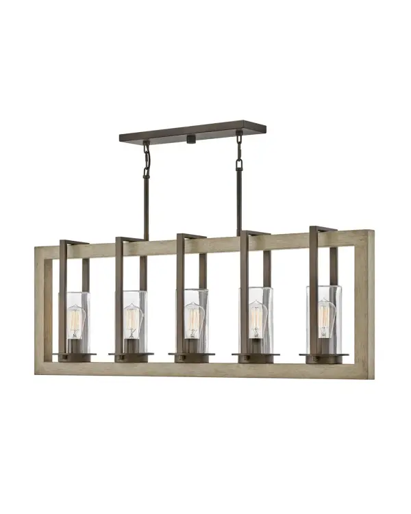 Transitional in style, Riverwood blends in with a variety of décors. The rich Bronze with wood-tone inspired, Warm Ash accents completes the rustic look, complemented by its sophisticated frame for a casual and effortless design. Riverwood is from the Open Air collection and features a linear and round chandelier option.