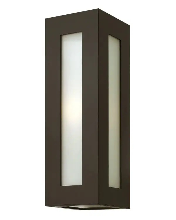 Dorian’s robust design in durable aluminum construction is offered in either Titanium or Bronze finishes. This contemporary fixture allows light to emit from clear painted white etched glass windows.