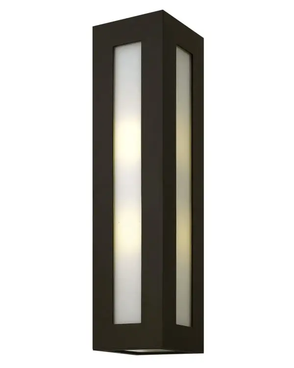 Dorian’s robust design in durable aluminum construction is offered in either Titanium or Bronze finishes. This contemporary fixture allows light to emit from clear painted white etched glass windows.