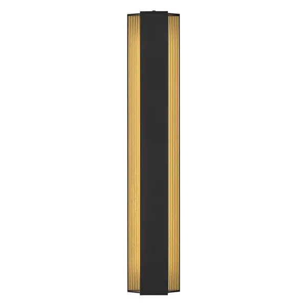 The Strata LED Wall Sconce delivers dramatic sculptural presence with its 31.5-inch vertical profile and striking black-and-gold contrast. The corrugated backplate adds architectural depth while the integrated LED provides warm, energy-efficient ambient lighting. Wet-rated and ADA-compliant for versatile outdoor applications.