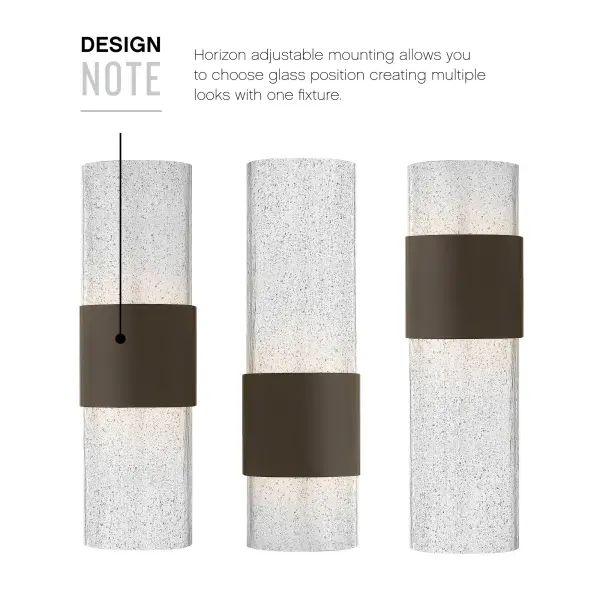 Horizon's simple elegance emphasizes its dominant expanse of clear seedy glass finished with a flame polished edge. This versatile fixture is constructed of die-cast aluminum and can be mounted horizontally, vertically or on the ceiling. The center band is uniquely adjustable to allow flexible mounting options. The open top and bottom maximizes the output of the dimmable LED light source. - alternate view