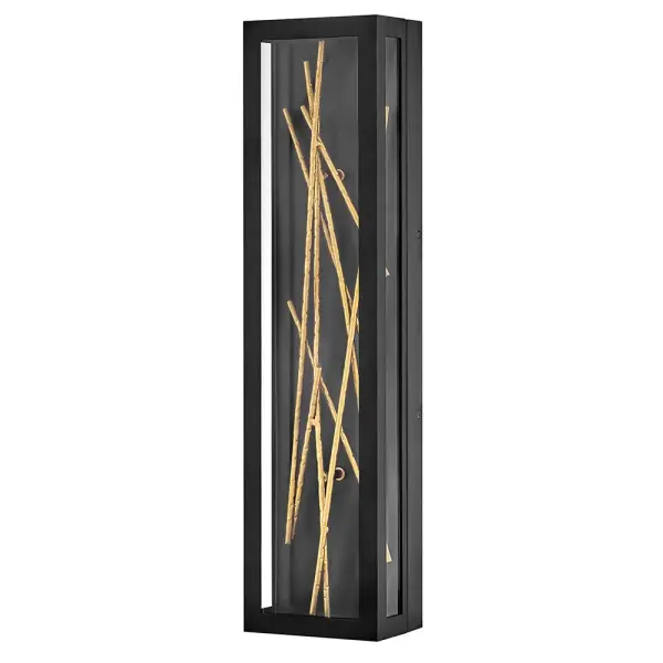 The Styx LED wall sconce delivers a striking visual statement with its textured Gilded Gold branches set against a sleek Black geometric frame. The integrated LED provides warm, dimmable light while the wet-rated design offers versatility for both interior and exterior applications.