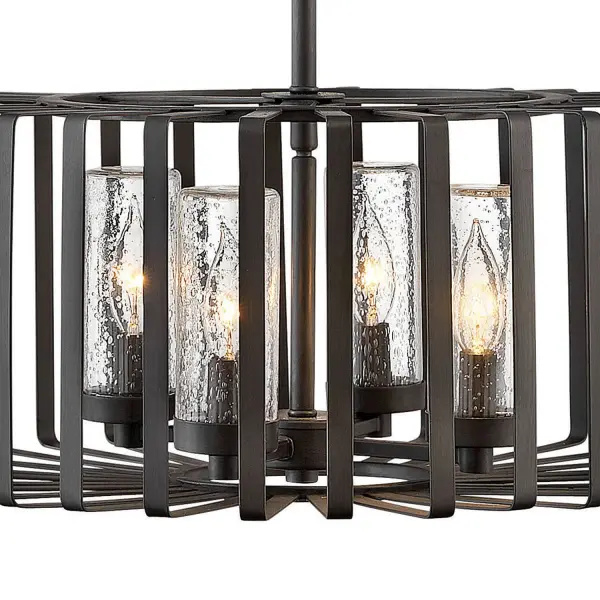 Reid uses an iconic profile featuring an airy, open cage to capture the center of attention. A candelabra with clear seedy glass columns highlights the transitional style, making it a modern mix of classic and contemporary. Weather-resistant metal with a Brushed Graphite finish complements any space, inside or out.