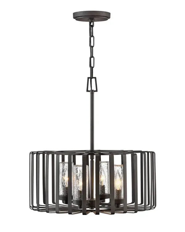 Reid uses an iconic profile featuring an airy, open cage to capture the center of attention. A candelabra with clear seedy glass columns highlights the transitional style, making it a modern mix of classic and contemporary. Weather-resistant metal with a Brushed Graphite finish complements any space, inside or out. - alternate view