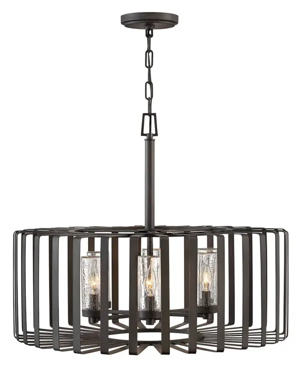Reid uses an iconic profile featuring an airy, open cage to capture the center of attention. A candelabra with clear seedy glass columns highlights the transitional style, making it a modern mix of classic and contemporary. Weather-resistant metal with a Brushed Graphite finish complements any space, inside or out.
