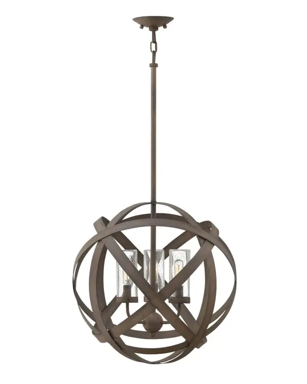 Carson features bold overlapping metal ribbons of Vintage Iron or Weathered Zinc, enhancing an outdoor living area with style and substance. The hand-crafted pendants combine a hint of industrial sophistication with the allure of artisan craftsmanship.