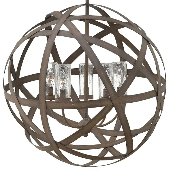 Carson features bold overlapping metal ribbons of Vintage Iron or Weathered Zinc, enhancing an outdoor living area with style and substance. The hand-crafted pendants combine a hint of industrial sophistication with the allure of artisan craftsmanship. - alternate view