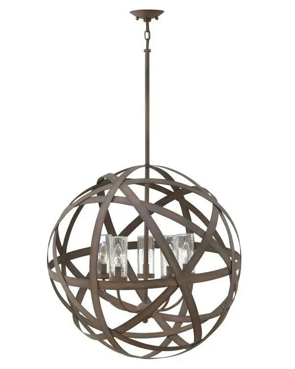 Carson features bold overlapping metal ribbons of Vintage Iron, enhancing an outdoor living area with style and substance. The handcrafted pendants combine a hint of industrial sophistication with the allure of artisan craftsmanship.