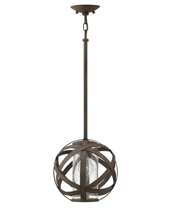 Carson features bold overlapping metal ribbons of Vintage Iron or Weathered Zinc, enhancing an outdoor living area with style and substance. The hand-crafted pendants combine a hint of industrial sophistication with the allure of artisan craftsmanship.