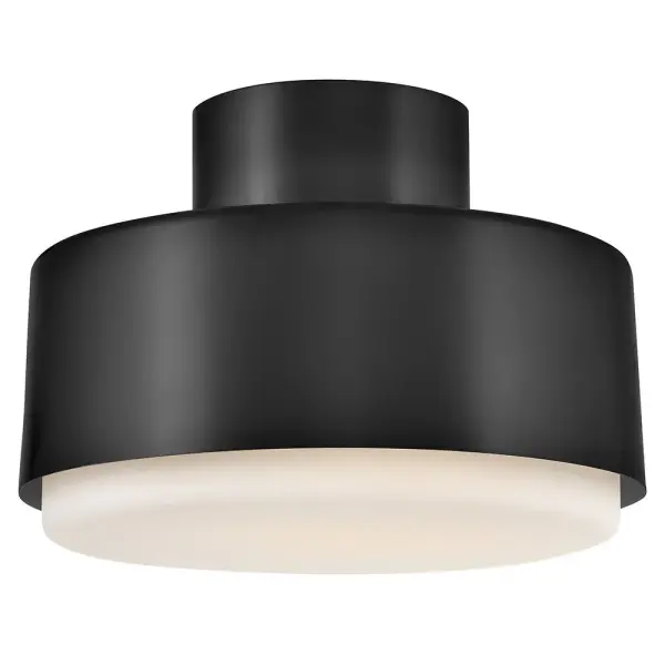 The Cedric delivers a calm, sophisticated presence with its sleek black silhouette and etched opal glass diffuser. Energy-efficient LED technology provides excellent illumination while the compact profile works beautifully in spaces with lower ceilings.