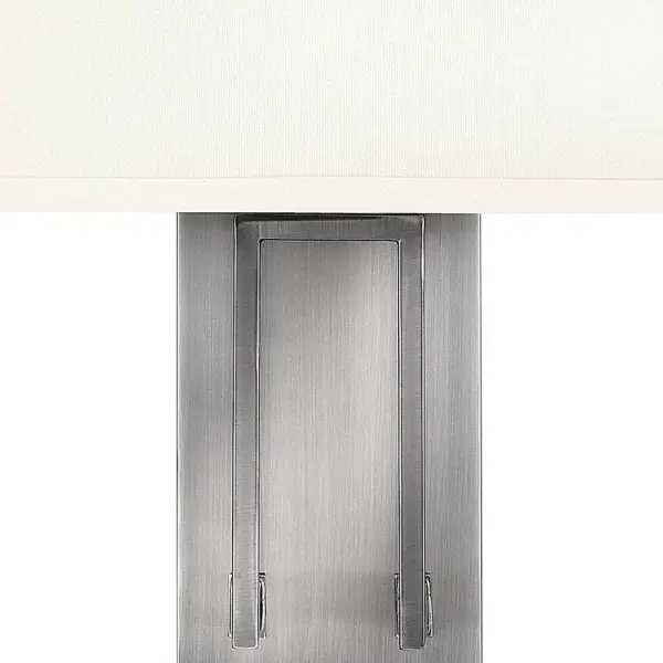 Hampton is a modern transitional design, offering the ultimate in urban sophistication. The minimal, rectangular frame, paired with a decorative acrylic etched bottom lens, is softened by a contemporary off-white linen drum shade. - alternate view