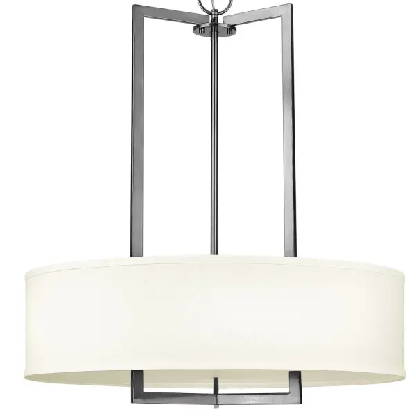 Hampton is a modern transitional design, offering the ultimate in urban sophistication. The minimal, rectangular frame, paired with a decorative acrylic etched bottom lens, is softened by a contemporary off-white linen drum shade. - alternate view