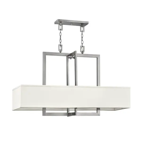 Hampton is a modern transitional design, offering the ultimate in urban sophistication. The minimal, rectangular frame, paired with a decorative acrylic etched bottom lens, is softened by a contemporary off-white linen drum shade.