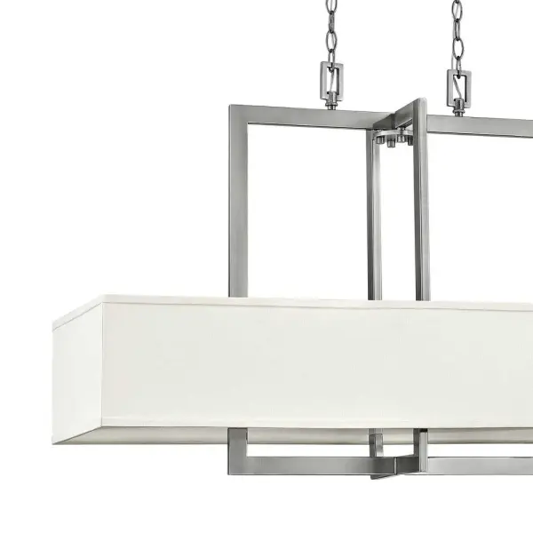 Hampton is a modern transitional design, offering the ultimate in urban sophistication. The minimal, rectangular frame, paired with a decorative acrylic etched bottom lens, is softened by a contemporary off-white linen drum shade. - alternate view