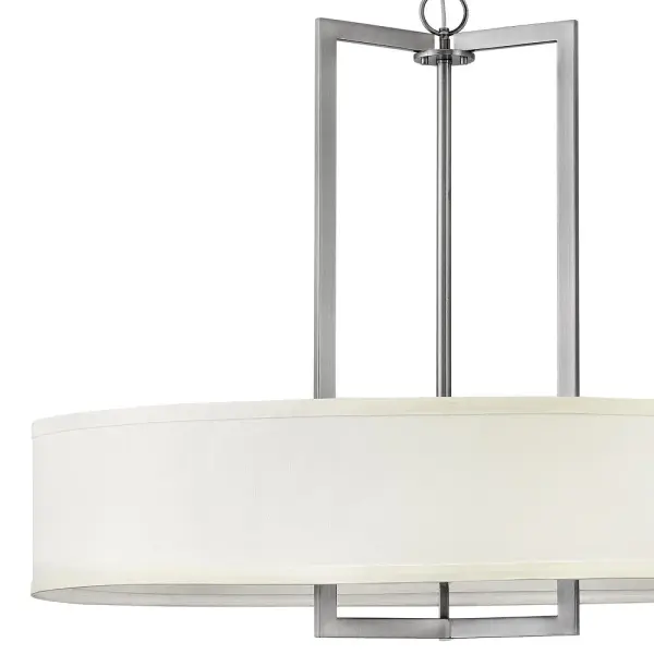 Hampton is a modern transitional design, offering the ultimate in urban sophistication. The minimal, rectangular frame, paired with a decorative acrylic etched bottom lens, is softened by a contemporary off-white linen drum shade. - alternate view
