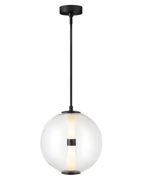 The centerpiece of Elin's bold and contemporary design is its sculpted clear glass that highlights an integrated LED inner light source. Featuring both conventional and striking elements, Elin is ideal for modern and transitional interiors and available in Black or Lacquered Brass finish options.