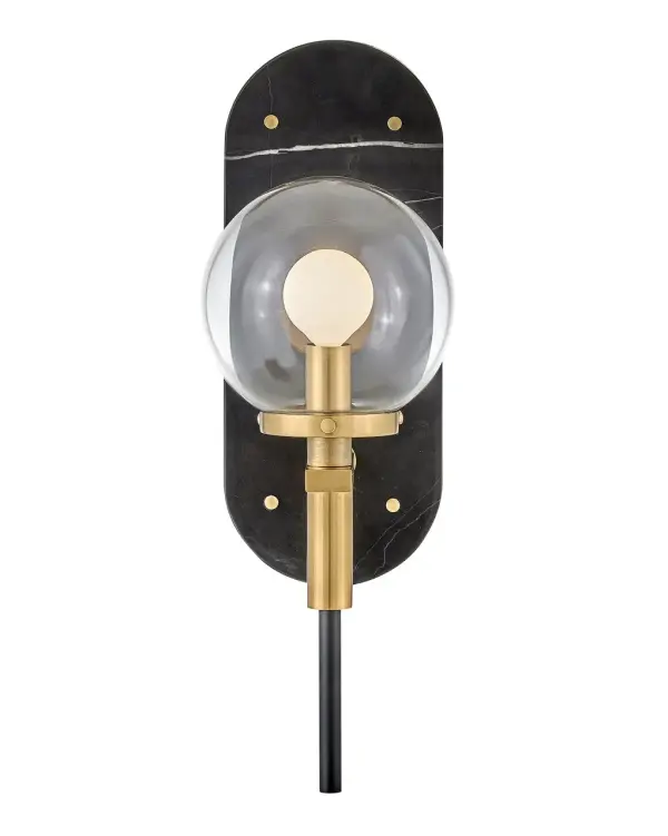 The Gilda LED sconce masterfully blends vintage charm with modern sophistication through its clear glass globe, brass accents, and striking marble backplate. Its plug-in or hardwire versatility makes it ideal for renters and homeowners alike. - alternate view
