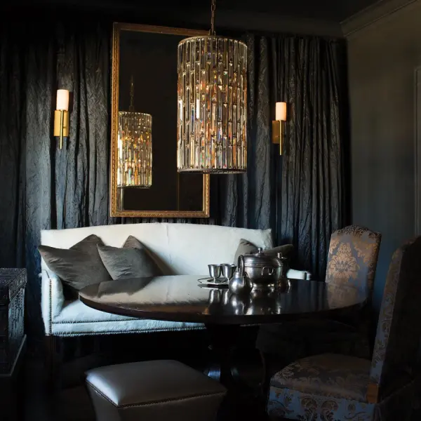 Margeaux’s transitional style and formal presence are reinforced by cast transitional double ring details and etched opal shades that emit a soft glow. - alternate view