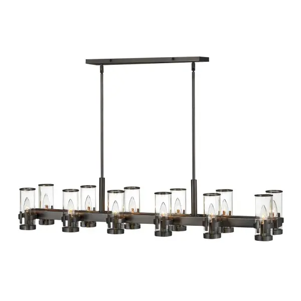The Reeve chandelier balances sophistication with simplicity. The traditional low-profile silhouette is elevated by a wealth of elegant clear glass cylinders. Each glass is secured with a cast double-T bracelet matching the frame's luxurious finish with a corresponding metal band at the top.