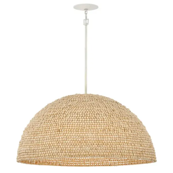 The Dalia LED Chandelier brings warmth and texture to large spaces with its 35-inch dome shade adorned with hand-strung wooden beads. The textured plaster finish and organic materials create a sophisticated bohemian aesthetic perfect for Scandinavian or coastal interiors.