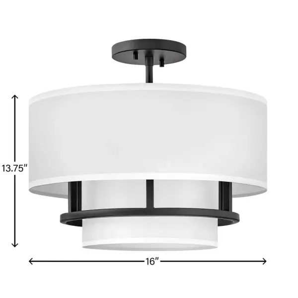 Handsome Graham is understated elegance, crafted with unique details making it the ultimate transitional semi-flush mount. Its welded frame is nestled between two off-white shades, in luminous faux parchment with a finished cluster visible from below. Graham is available in multiple finish options. - alternate view