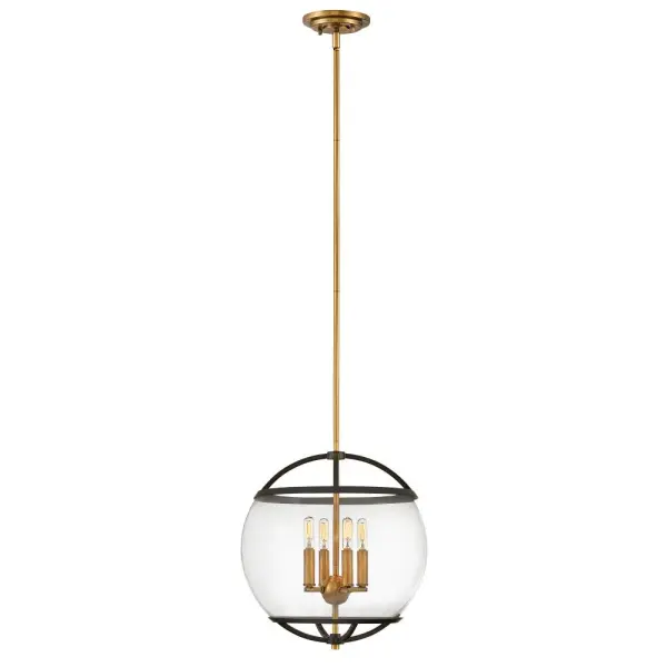 The wide glass band featured in Calvin clearly has global appeal, but the sphere of influence does not stop there. The orb is completed by the rounded, open cage on top and bottom to add style and stability. This mid-century modern silhouette in Heritage Brass or Black with Heritage Brass finish encloses a classic candle cluster.