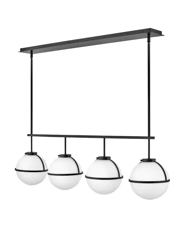 The distinctive vintage globe design of Hollis invokes a midcentury mood, yet its clean lines and sophisticated silhouette provide versatility for a variety of décors. The extra-large semi-flush provides superior lighting for rooms with lower ceilings. Etched opal glass globes shine against a Heritage Brass or a Black finish. - alternate view