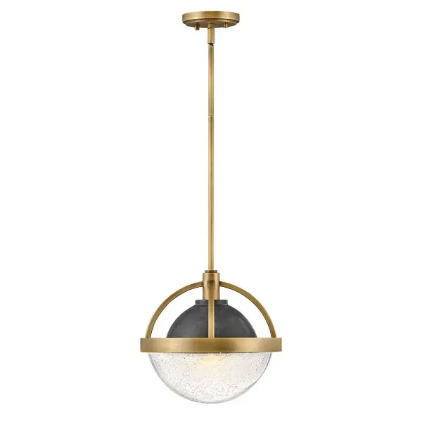 Watson merges midcentury and modern to provide a breath of fresh air to any interior. Its soft, clear seedy glass globe is held within a two-tone frame in Heritage Brass with Slate Bronze, or Polished Nickel with Heritage Brass, providing seamless transition for use throughout the home. Globe style bulbs recommended.