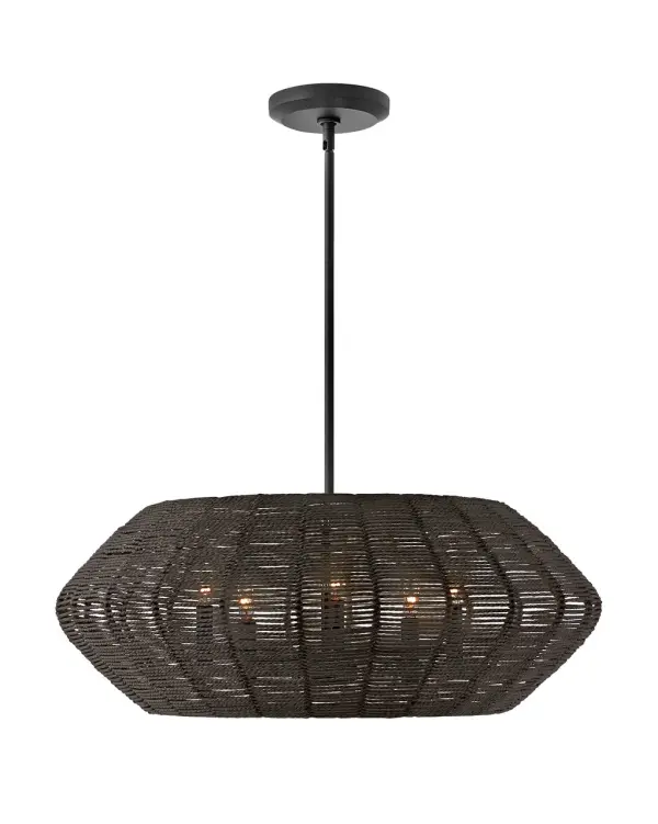 Luca's coastal vibe is permeated with a slightly exotic edge. The bold pendant showcases a robust, woven drum shade, and a full finished cluster for plenty of functional light offered in a variety of finish options. Luca is part of the Lisa McDennon Collection.