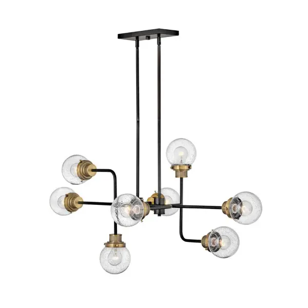 Poppy features clear seedy glass spheres that bubble out of refined, ribbed fitters to create a simple, yet sophisticated silhouette. The dual-finish combinations, Black with Brushed Nickel and Black with Heritage Brass, pair perfectly with a clean backplate or canopy and crisp crossbars to anchor this airy design. Poppy showcases midcentury style with a spectacular spin.