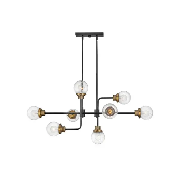 Poppy features clear seedy glass spheres that bubble out of refined, ribbed fitters to create a simple, yet sophisticated silhouette. The dual-finish combinations, Black with Brushed Nickel and Black with Heritage Brass, pair perfectly with a clean backplate or canopy and crisp crossbars to anchor this airy design. Poppy showcases midcentury style with a spectacular spin. - alternate view