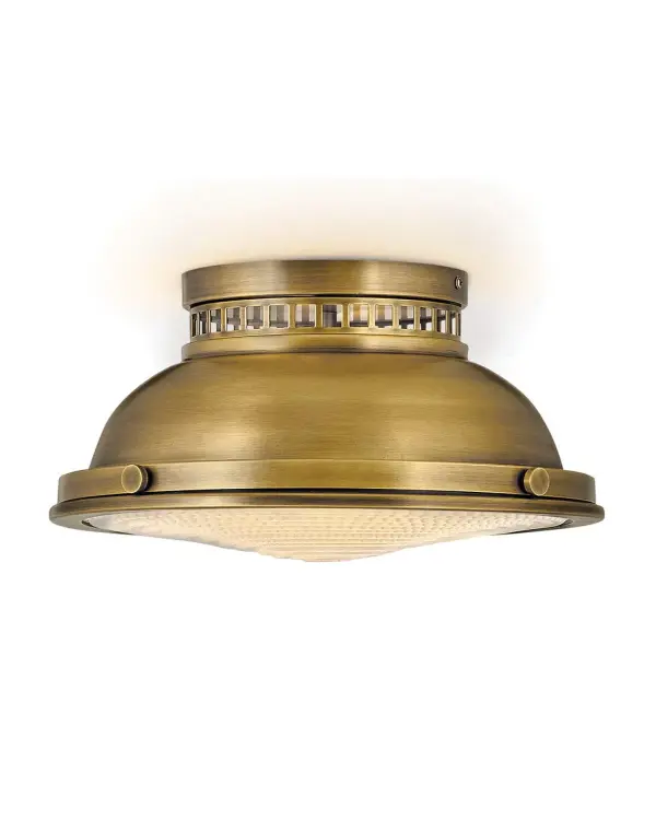 Inspired by vintage industrial lighting, Emery cuts a bold figure layered with unique details and robust finish options that include Polished Antique Nickel, Heritage Brass and Heritage Brass with Aged Zinc. Unique metal cutouts allow illumination to graze the ceiling while a functional down light is enclosed in heavy holophane glass, completing its authentic appearance. - alternate view