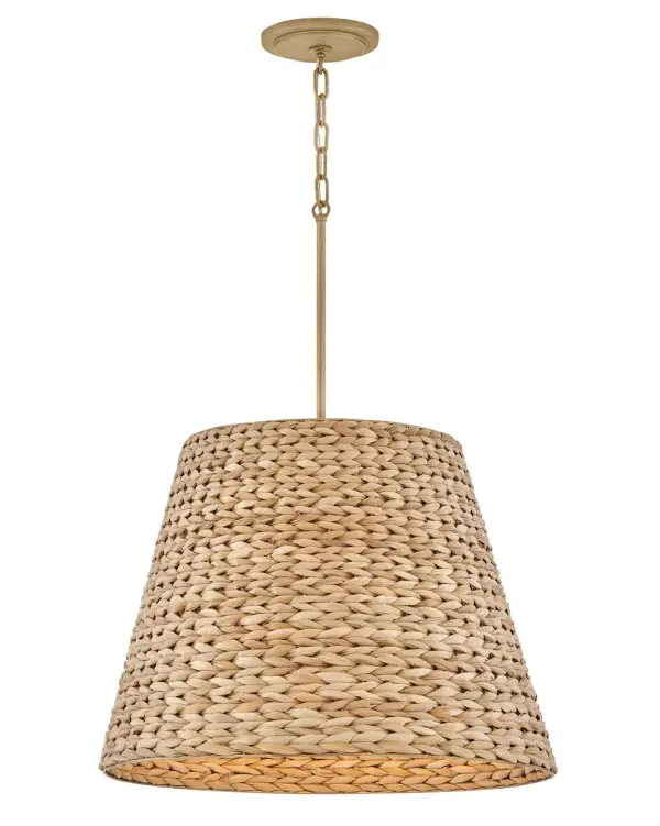 The Seabrook brings organic warmth through handwoven natural seagrass paired with burnished gold hardware. Its 24-inch scale works beautifully over kitchen islands and dining tables, while integrated LED technology eliminates bulb replacement hassles.