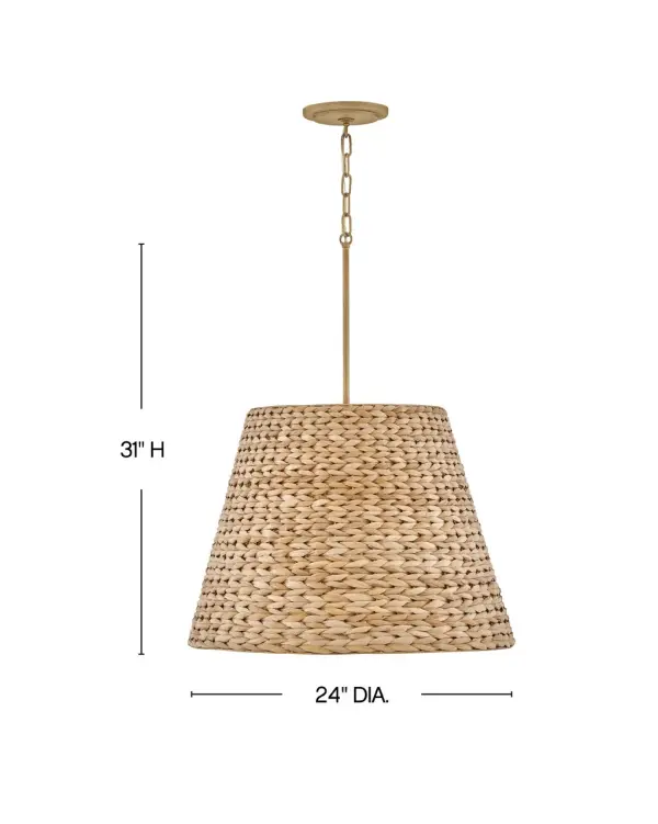 The Seabrook brings organic warmth through handwoven natural seagrass paired with burnished gold hardware. Its 24-inch scale works beautifully over kitchen islands and dining tables, while integrated LED technology eliminates bulb replacement hassles. - alternate view