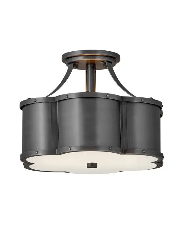 There's everything to love about the classic shape of Chance's semi-flush mounts and pendant. Timeless, symmetrical and classic, its pedigree is an ancient symbol of good luck. Hinkley's design focuses on details such as rivets along the top and bottom cast frame and a functional light source that also illuminates for added sophistication. Chance is available in multiple finish options.