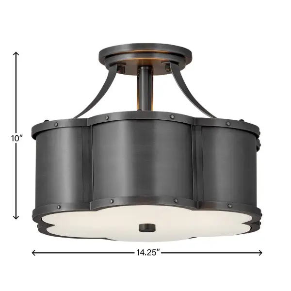 There's everything to love about the classic shape of Chance's semi-flush mounts and pendant. Timeless, symmetrical and classic, its pedigree is an ancient symbol of good luck. Hinkley's design focuses on details such as rivets along the top and bottom cast frame and a functional light source that also illuminates for added sophistication. Chance is available in multiple finish options. - alternate view