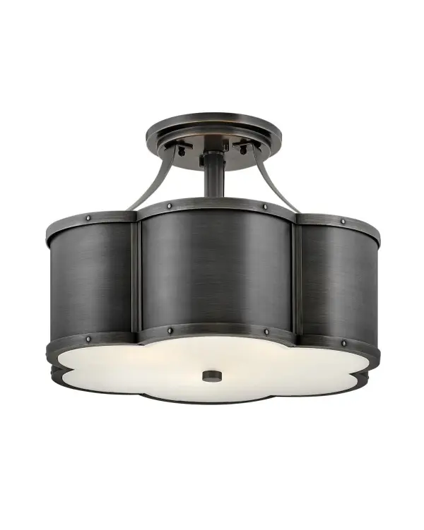 There's everything to love about the classic shape of Chance's semi-flush mounts and pendant. Timeless, symmetrical and classic, its pedigree is an ancient symbol of good luck. Hinkley's design focuses on details such as rivets along the top and bottom cast frame and a functional light source that also illuminates for added sophistication. Chance is available in multiple finish options.