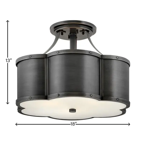 There's everything to love about the classic shape of Chance's semi-flush mounts and pendant. Timeless, symmetrical and classic, its pedigree is an ancient symbol of good luck. Hinkley's design focuses on details such as rivets along the top and bottom cast frame and a functional light source that also illuminates for added sophistication. Chance is available in multiple finish options. - alternate view