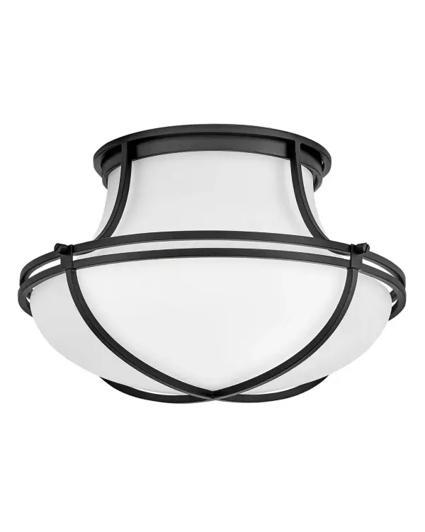 Saddler’s sculptural tear-drop dome forms a chic silhouette accentuated by decorative metal straps. Etched opal glass complemented by a Heritage Brass or Black finish creates a versatile design with high style.
