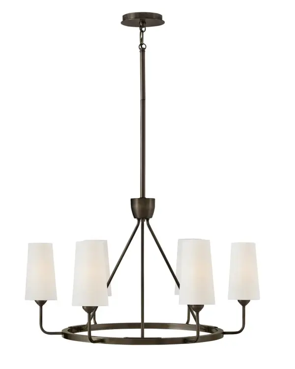 Lewis offers traditional charm paired with updated, transitional elements. Tall natural paper shades feature fine stitching detail against a Heritage Brass or Black Oxide finish to enhance timeless interiors.